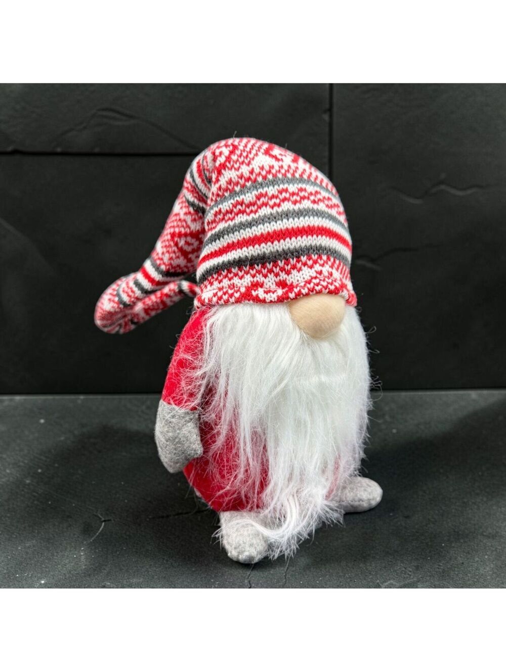 Vtg " Christmas Gnome Plush Red Gray Knit Hat White Beard Holiday Decor